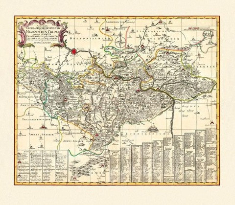 Historische Karte: Ämter Pirna, Hohnstein, mit Lohmen, Dippoldiswalda und Grillenburg, um 1750