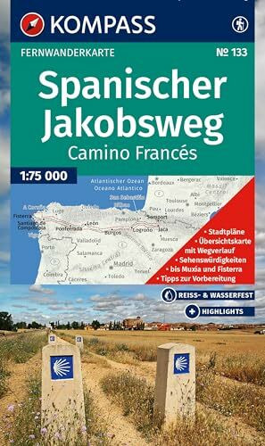 KOMPASS Wanderkarte 133 Spanischer Jakobsweg, Camino Francés 1:100.000: Fernwanderweg: von den Pyrenäen nach Santiago de Compostela und Cabo Fisterra