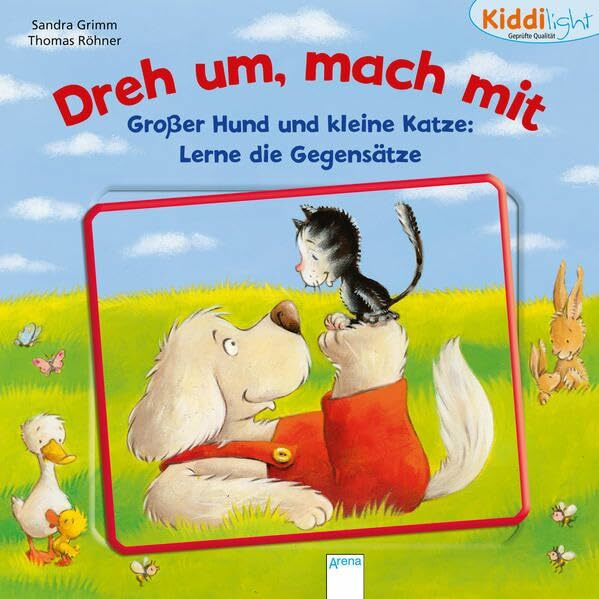 Großer Hund und kleine Katze. Lerne die Gegensätze: Dreh um, mach mit. Kiddilight