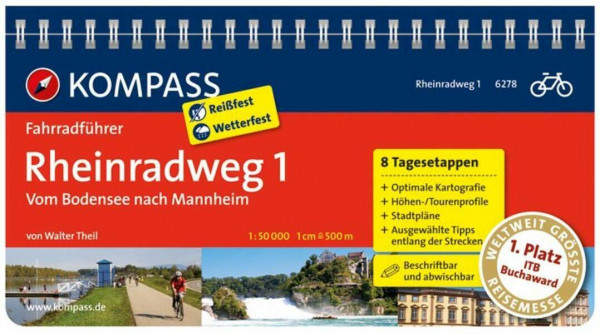 KOMPASS Fahrradführer Rheinradweg 1, vom Bodensee nach Mannheim: Fahrradführer mit Routenkarten im optimalen Maßstab.