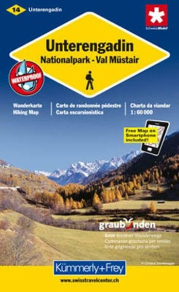 Unterengadin, Nationalpark, Val Müstair: Nr. 14, Wanderkarte. 1:60000, waterproof, Freemap on Smartphone included (Kümmerly+Frey Wanderkarte 1:60.000, Band 14)