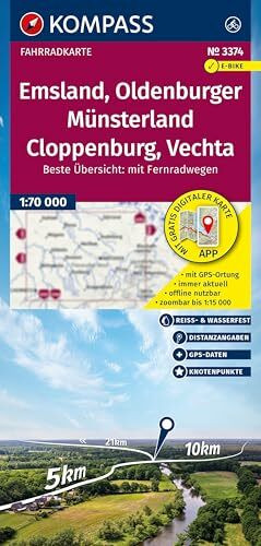 KOMPASS Fahrradkarte 3374 Emsland, Oldenburger Münsterland, Cloppenburg, Vechta mit Knotenpunkten 1:70.000: reiß- und wasserfest