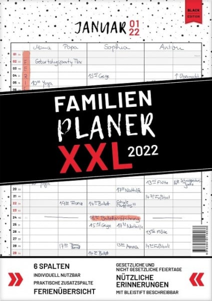 XXL Familienplaner 2022 zum Aufhängen in DIN A3. Hochwertiger und übersichtlicher Familienkalender 2022 mit 3 bis 6 Spalten, plus einer Zusatzspalte. Wandkalender inklusive gesetzlicher und nicht-gese