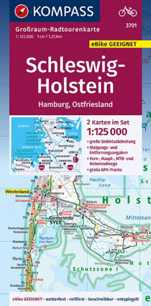 KOMPASS Großraum-Radtourenkarte Schleswig-Holstein, Hamburg, Ostfriesland, 1:125000