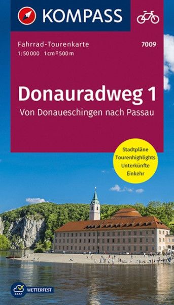 KOMPASS Fahrrad-Tourenkarte Donauradweg 1, Von Donaueschingen nach Passau, 1:50000