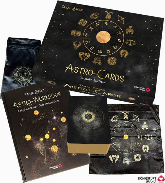Astro-Cards - Luxury Edition: großformatige Box mit Goldprägung, 43 Karten mit Goldprägung und Goldschnitt, Samtbeutel mit Zugband, ein Legetuch und mit Workbook: Samtbeutel, Legetuch, Workbook,