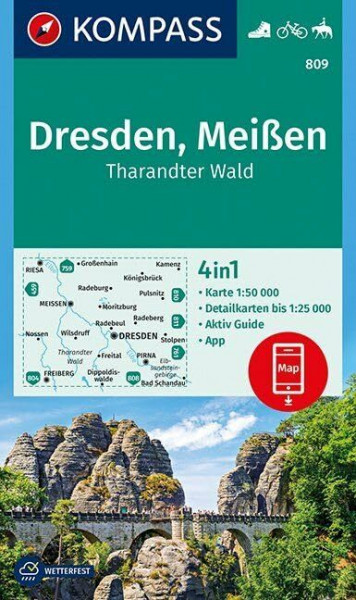 KOMPASS Wanderkarte Dresden, Meißen, Tharandter Wald: 4in1 Wanderkarte 1:50000 mit Aktiv Guide und Detailkarten inklusive Karte zur offline Verwendung ... Reiten. (KOMPASS-Wanderkarten, Band 809)