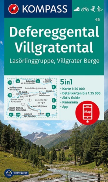 KOMPASS Wanderkarte 45 Defereggental, Villgratental, Lasörlinggruppe, Villgrater Berge