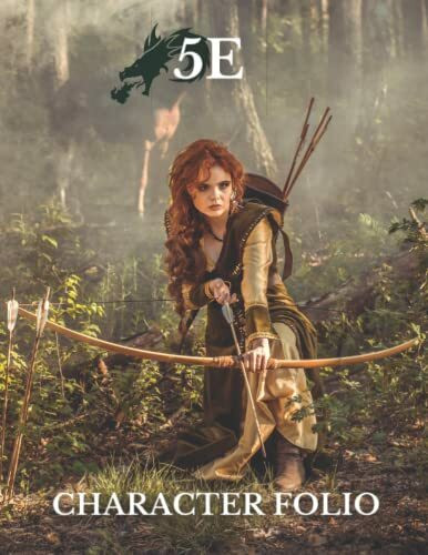 5E Character Folio: Female Ranger Cover RPG Character Journal. Thirteen 10-Page RPG Character Sheets for 13 Full Player Characters. 8.5x11 inch 160 pages.