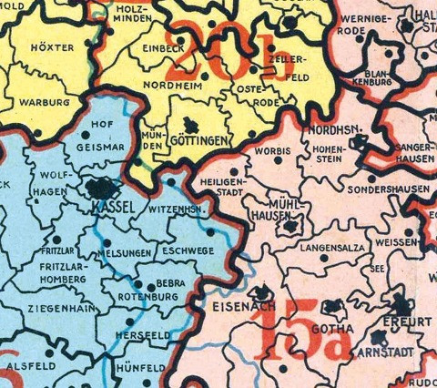 Historische Karte: DEUTSCHLAND - BESATZUNGSZONENKARTE mit neuen Postleitgebieten und Postleitzahlen, 1946