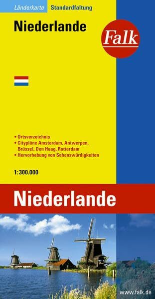 Falk Länderkarte Niederlande 1:300 000: Ortsverzeichnis, Citypläne Amsterdam, Antwerpen, Brüssel, Den Haag, Rotterdam, Hervorhebung von Sehenswürdigkeiten