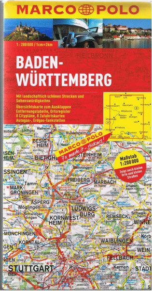 MARCO POLO Karte Baden-Württemberg 1:200.000: Mit landschaftlich schönen Strecken und Sehenswürdigkeiten. Übersichtskarte zum Ausklappen, ... (MARCO POLO Karten 1:200.000)