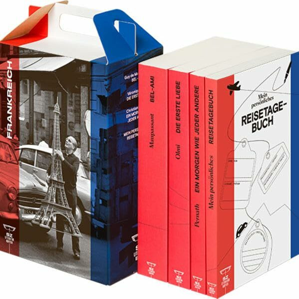 SZ Literaturkoffer Frankreich | Bücher Set | Literatur-Sammlung mit Olmi, Maupassant und Pernath | 4 Taschenbücher: Bel-Ami, Guy de Maupassant; Die ... Pernath; Reisetagebuch. Im TB Format