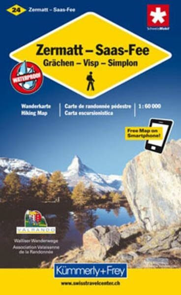 Zermatt - Saas Fee, Grächen, Visp, Simplon: Nr. 24, Wanderkarte. Massstab 1:60000, waterproof, Freemap on Smartphone included (Kümmerly+Frey Wanderkarte 1:60.000, Band 24)