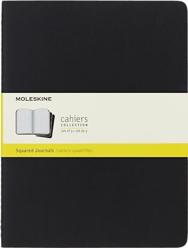 Moleskine Cahier Journal, 3er-Set karierte Notizbücher, einfarbiger Kartoneinband mit sichtbarer Naht, Farbe Schwarz, 120 Seiten, Extra Large 19 x 25 cm