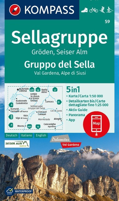 KOMPASS Wanderkarte 59 Sellagruppe, Gröden, Seiseralm / Gruppo del Sella, Val Gardena, Alpe di...