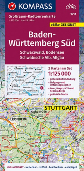 KOMPASS Großraum-Radtourenkarte Baden-Württemberg Süd, Schwarzwald, Bodensee, Schwäbische Alb, Allgäu, 1:125000