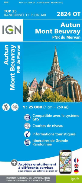 IGN Karte, Carte de randonnée (et plein air) Autun Mont-Beuvray PNR du Morvan (TOP 25)